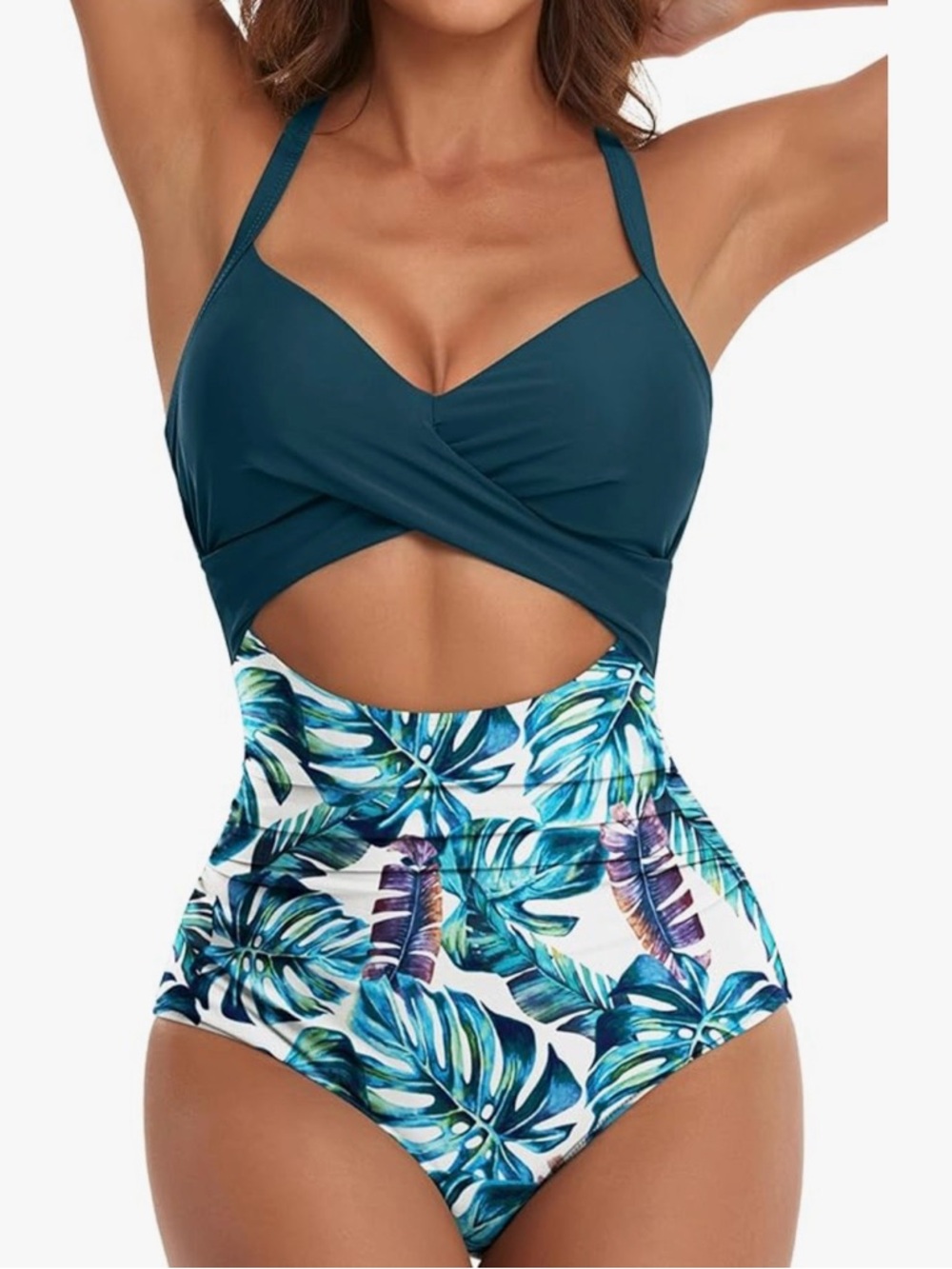 Teal Cutout One-Piece Swimsuit with Tropical Leaf Print